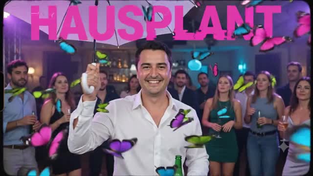 A man surrounded by colourful butterflies