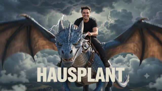 A rider on a dragon flying through storm clouds